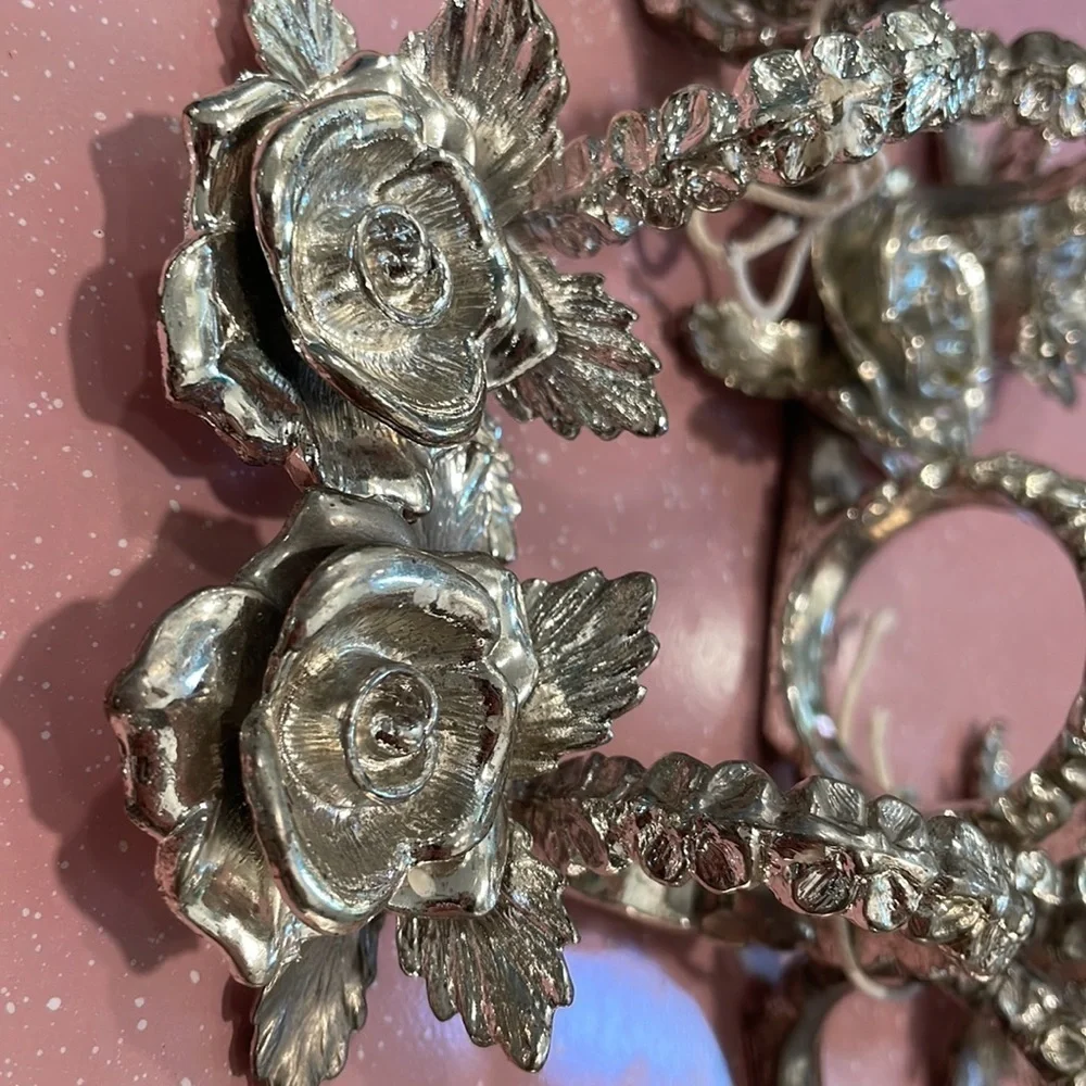 Vintage Silver Tone Metal Rose Design Napkin Ring Holders Set of 8